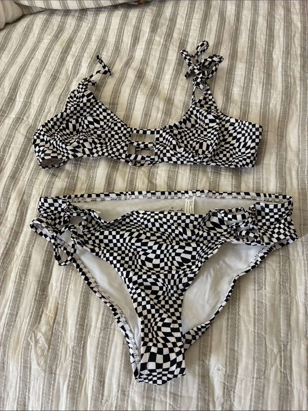 Out From Under Black & White Checkered Tie-Shoulder Bikini Set